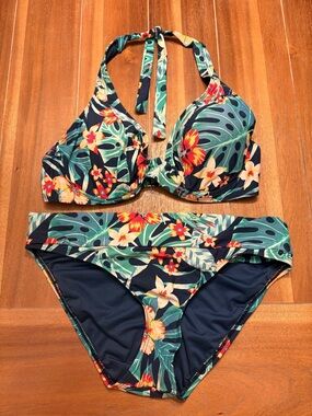 Tropical Floral Halter Bikini Set - Navy